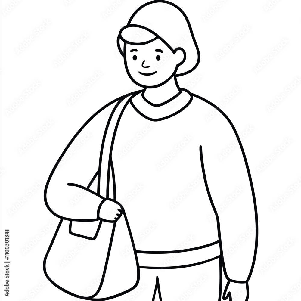 Obraz premium Simple Line Art Illustration of a Young Person with Casual Outfit Carrying a Bag, Minimalist Vector Design, Friendly and Stylish Character Sketch ​