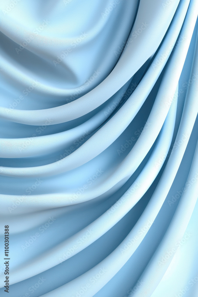 Fototapeta premium Soft blue fabric draped elegantly, showcasing smooth waves and gentle folds. light texture creates serene and calming atmosphere, perfect for various design applications