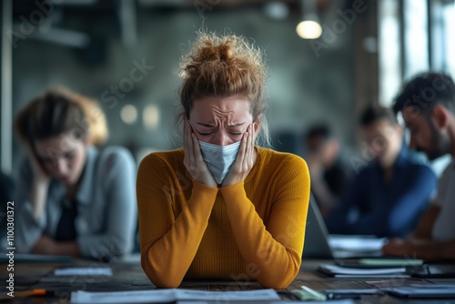 Stressed businesswoman wearing protective face mask crying at work during pandemic photo