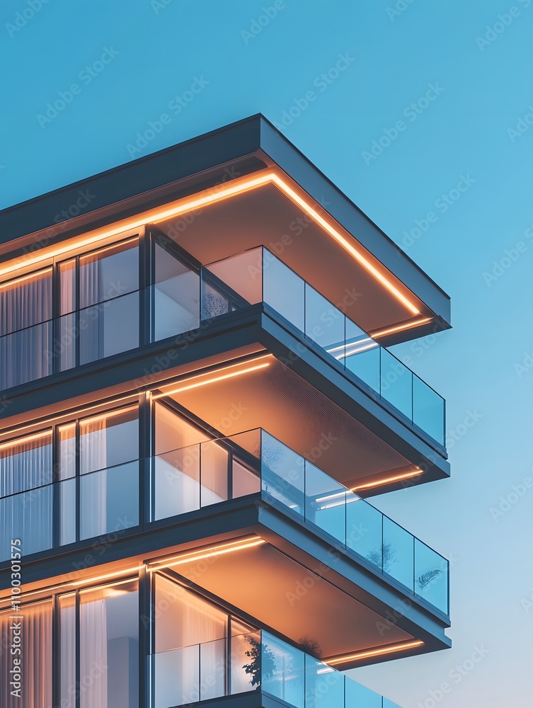 Fototapeta premium Modern Architectural Design of a Stylish Residential Building with Illuminated Balconies at Dusk Showcasing Sleek Glass and Contemporary Lines Against a Clear Sky
