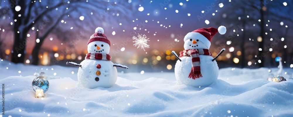 Fototapeta premium Snowmen celebrate winter in a snowy landscape with snowflakes falling at twilight