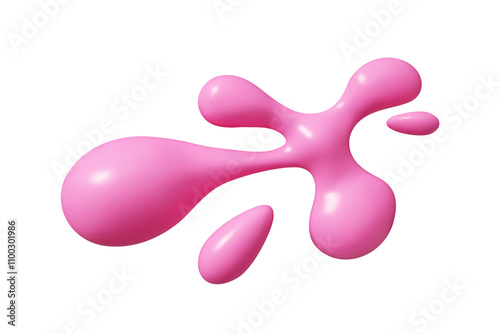 3D vector pink fluid splatter with glossy surface and droplets scattered around. Smooth abstract curved liquid blob shape. Modern design element for creative backgrounds or decorative purposes.