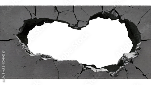 Close-up of a large hole in cracked concrete  transparent background 