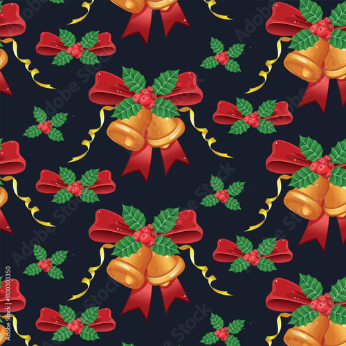 Christmas seamless vector pattern on black background with bells and berries.