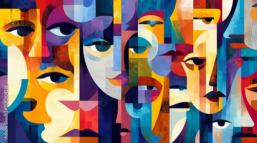 Fototapeta Naklejka Na Ścianę i Meble -  Abstract faces illustration in vibrant colors, cubism style collage for wallpaper, background design, art print. generative ai. abstract cubism. illustration. Cubism. Illustration