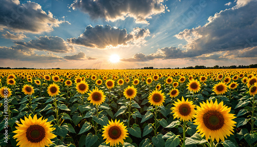 Champ de tournesols sous un coucher de soleil éblouissant photo