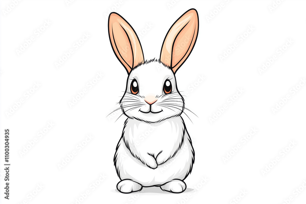 Fototapeta premium Adorable white rabbit with upright ears illustration, white background