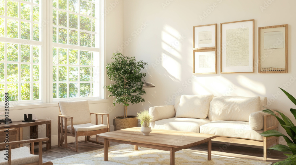Fototapeta premium Bright Minimalist Living Room with Natural Light, serene home decor.