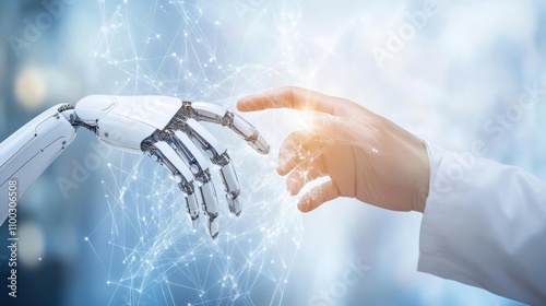 Human hand and robotic hand connect, symbolizing AI collaboration.