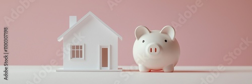 A piggy bank is on a table next to a house. The piggy bank is white and has a black nose. Concept of saving money and being financially responsible