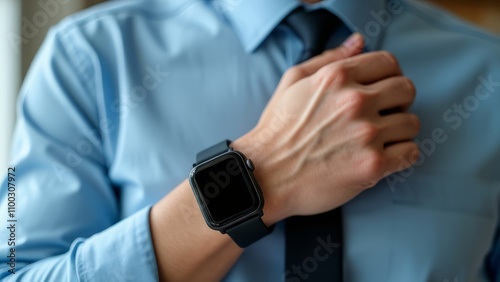 closeup businessman fixing his tie while wearing black smart watch in the office; man dressed in blue shirt holding a luxury time piece in his hand, concept of a business or financial lifestyle