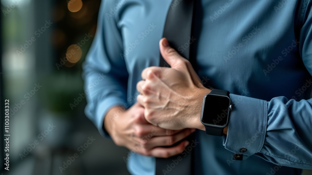 Obraz premium closeup businessman fixing his tie while wearing black smart watch in the office; man dressed in blue shirt holding a luxury time piece in his hand, concept of a business or financial lifestyle
