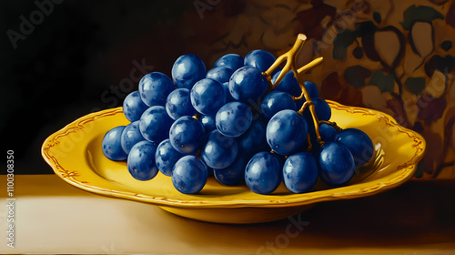 Hyper realistic oil on canvas, blue grapes on a yellow porcelain tazza. Chiaroscuro. Illustration photo