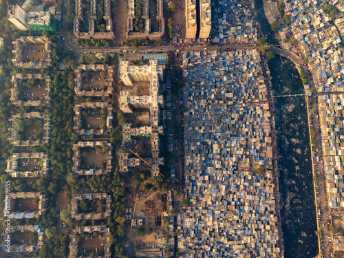 Aerial view of densely populated slums and buildings in a vibrant urban neighborhood, Dharavi, Mumbai, India. photo