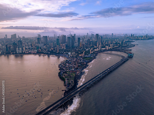 Aerial view of the beautiful Sealink bridge and bustling skyline over the Arabian Sea, Worli, Mumbai, India.