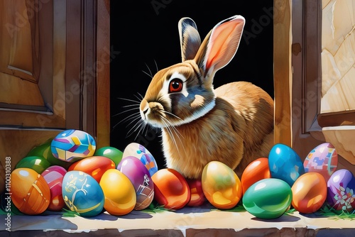 Easter bunny surrounded by colorful eggs in a festive setting.