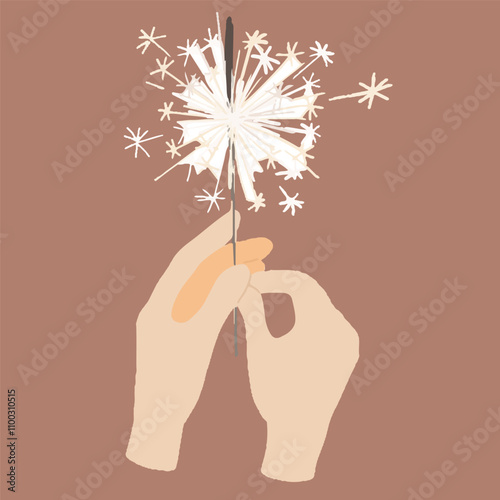 Hand drawn cartoon flat illustration of two hand keeping sparkler. Bengal light sparkles icon isolated on brown.