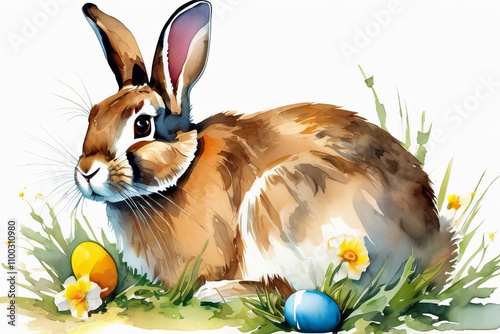 Watercolor rabbit with Easter eggs and flowers.