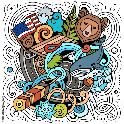 Alaska hand-drawn cartoon doodle illustration. Funny USA State design. Creative art vector background. 