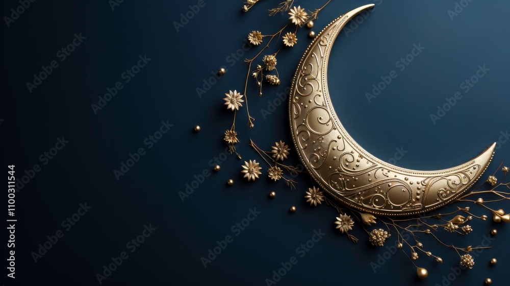 Elegant Golden Crescent Moon with Floral Embellishments on Deep Blue Background for Artistic and Decorative Projects Elegant Golden Crescent Moon with Floral Embellishments on Deep Blue Background for Artistic and Decorative Projects