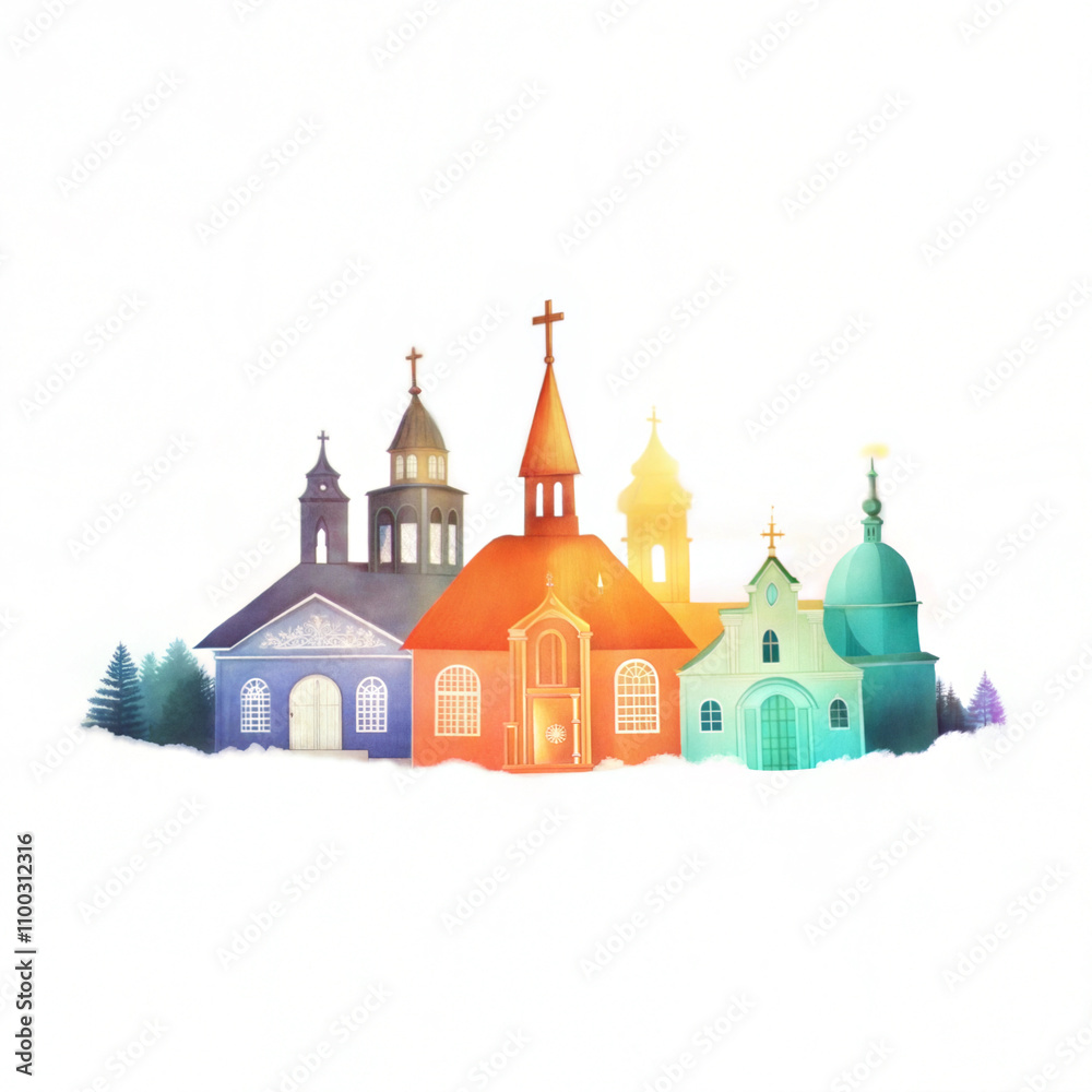 Fototapeta premium Colorful silhouette of various churches and cathedrals against a white background with copy space