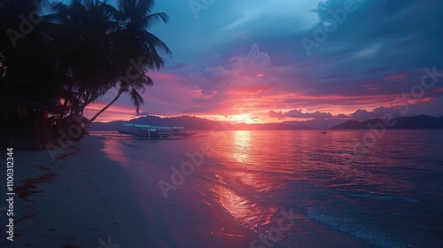 Vibrant sunset over tropical beach with boats.