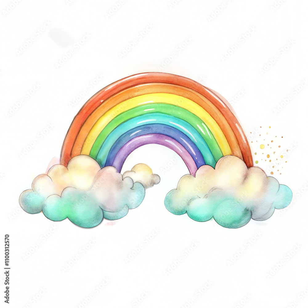 Bright watercolor rainbow arching over fluffy clouds on a white background with copy space Bright watercolor rainbow arching over fluffy clouds on a white background with copy space