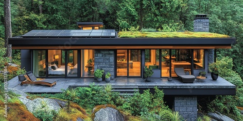 Modern eco-friendly house surrounded by lush green forest with natural landscaping in a serene environment