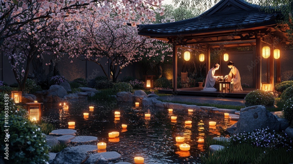 Fototapeta premium A serene garden scene with lanterns and cherry blossoms, featuring two people in traditional attire.