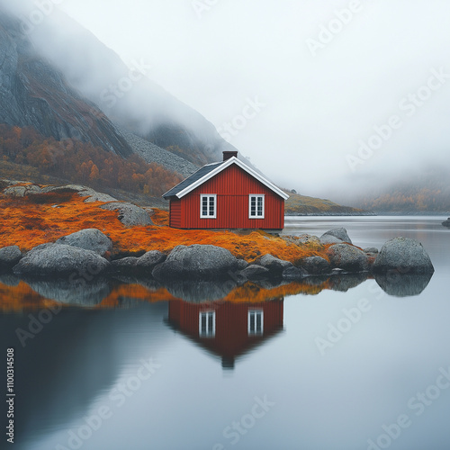 Minimalist photography of a small red house in the middle of a beautiful Scandinavian landscape, with orange moss on rocks and foggy mountains, water reflection, a white sky, and s photo