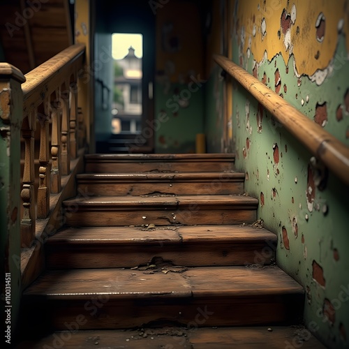 Old Staircase: Worn-out wooden steps with paint peeling, leading up to a mystery door.
