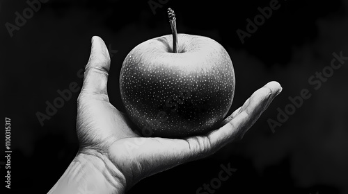 Disegno a matita di mela, a mano libera in bianco e nero. Chiaroscuro. Illustration