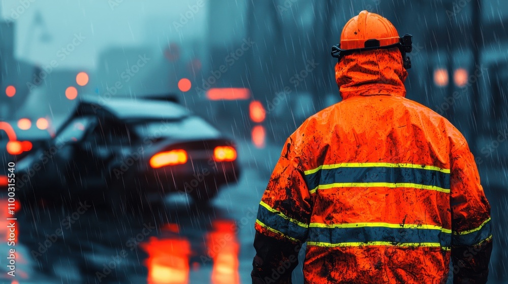 Emergency response action urban highway traffic incident rainy environment first-person view road safety and damage management Emergency response action urban highway traffic incident rainy environment first-person view road safety and damage management