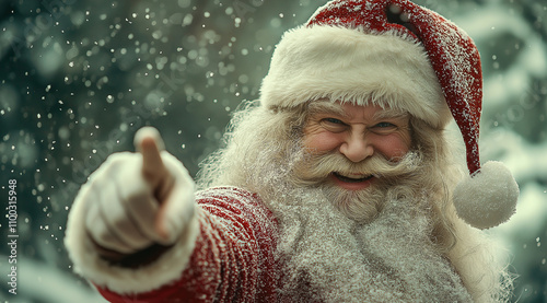 High-resolution photograph of Santa Claus pointing to the right, against a white background, with a Christmas vibe, high level of detail, a funny facial expression, and snow fallin photo