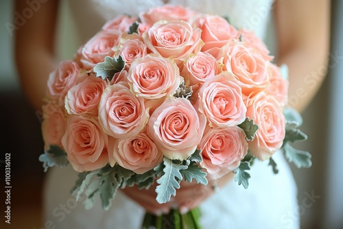 Bride holding a delicate wedding bouquet. Romantic and elegant moment captured. Perfect for wedding and celebration visuals. photo