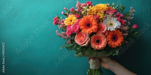 Floral bouquet on a deep blue background. Vibrant and stylish design for floral visuals. Ideal for banners celebrating flowers and events. photo