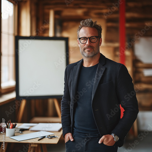 A portrait of an industrial designer in his thirties, standing at the front of the room with a whiteboard behind him and wearing glasses. He is dressed casually yet smartly, wearin photo