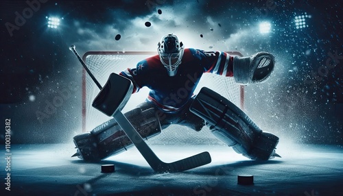 An ice hockey goalie making a save, silhouette, action photography, aesthetics,