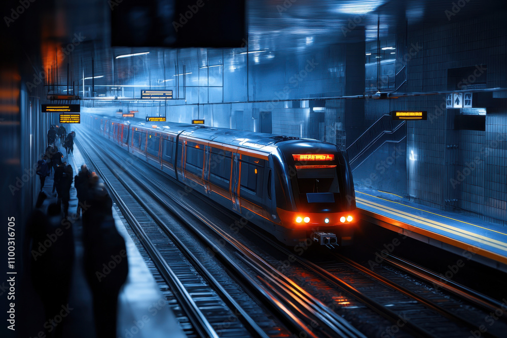 Fototapeta premium A train is traveling down a train track with a group of people waiting to board