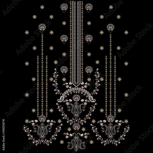 Embroidery neckline and lace border design for textile print on fabric.