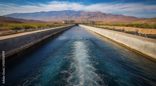 Water treatment plant in the desert, high-resolution photography, copy space for text or title, clear blue sky, landscape view of the facility with a long water stream flowing thro photo