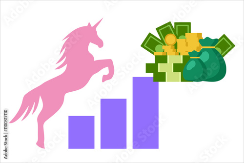 Unicorn, a startup worth a million or a billion. Vector simple color flat illustration.