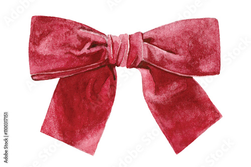 Watercolor red velvet bow. Vector hand drawn illustration isolated on white background.