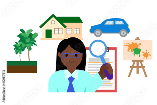 Appraiser. Dark-skinned woman with magnifying glass appraising real estate, cars, paintings. Vector simple color flat illustration.