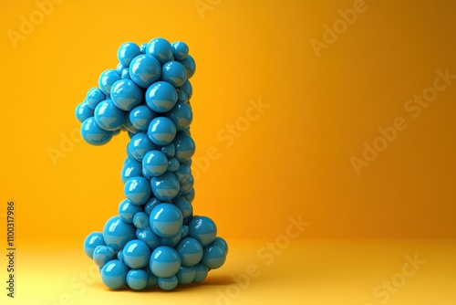 Number one made of blue balloons on a yellow background. Bright and playful concept for celebrations. Perfect for banners about anniversaries and milestones. photo