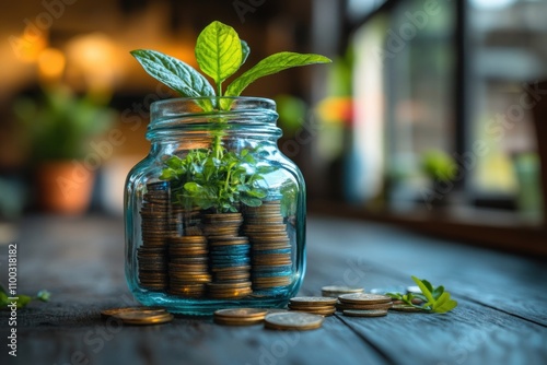 Glass jar filled with coins and a small plant. A symbol of savings and financial growth. Perfect for banners about investments and sustainability. photo