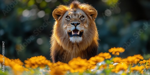 Majestic lion with flowers and forest in the background. A powerful symbol of wildlife and nature. Perfect for travel and tropical-themed banners. photo