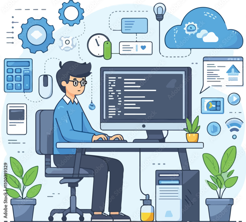 Fototapeta premium a boy is programming on his pc vector