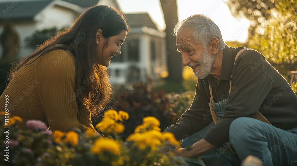Fototapeta premium Young person helping an elderly neighbor with yard work, both smiling - Kind and light-hearted, afternoon light