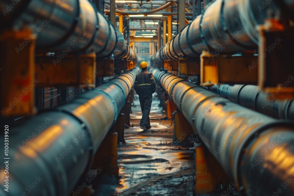 Male worker inspection at steel long pipes Male worker inspection at steel long pipes